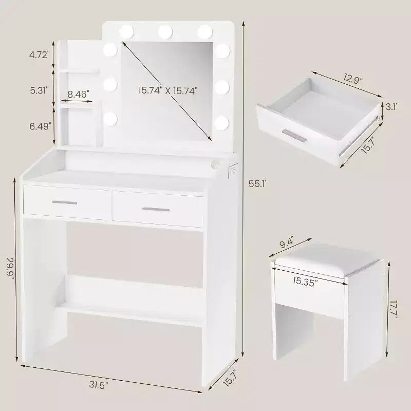Vanity Desk with Mirror and Lights for Bedroom,Makeup Table with 2 Drawers,3 Light Modes & Dimmable LEDVanity Desk with Mirror and Lights for Bedroom