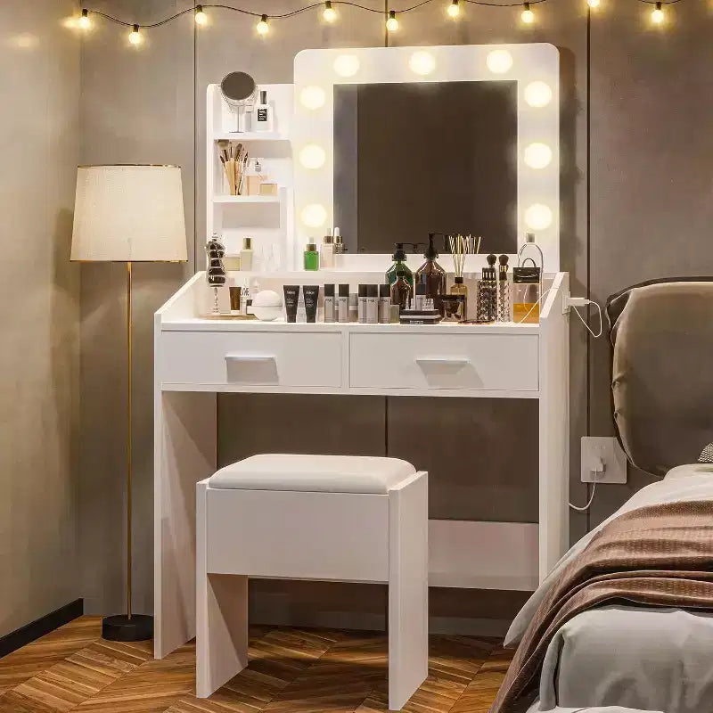 Vanity Desk with Mirror and Lights for Bedroom,Makeup Table with 2 Drawers,3 Light Modes & Dimmable LEDVanity Desk with Mirror and Lights for Bedroom