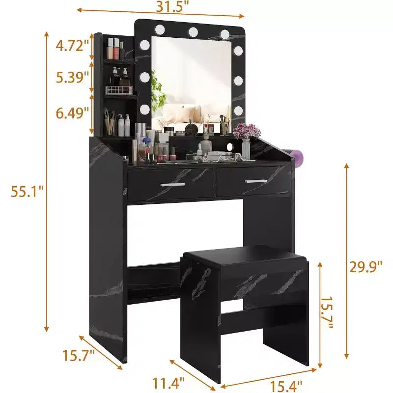 Vanity Desk with Mirror and Lights for Bedroom,Makeup Table with 2 Drawers,3 Light Modes & Dimmable LEDVanity Desk with Mirror and Lights for Bedroom
