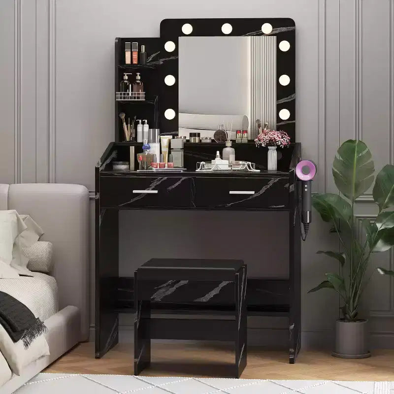 Vanity Desk with Mirror and Lights for Bedroom,Makeup Table with 2 Drawers,3 Light Modes & Dimmable LEDVanity Desk with Mirror and Lights for Bedroom