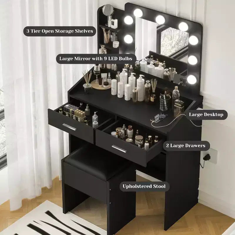 Vanity Desk with Mirror and Lights for Bedroom,Makeup Table with 2 Drawers,3 Light Modes & Dimmable LEDVanity Desk with Mirror and Lights for Bedroom