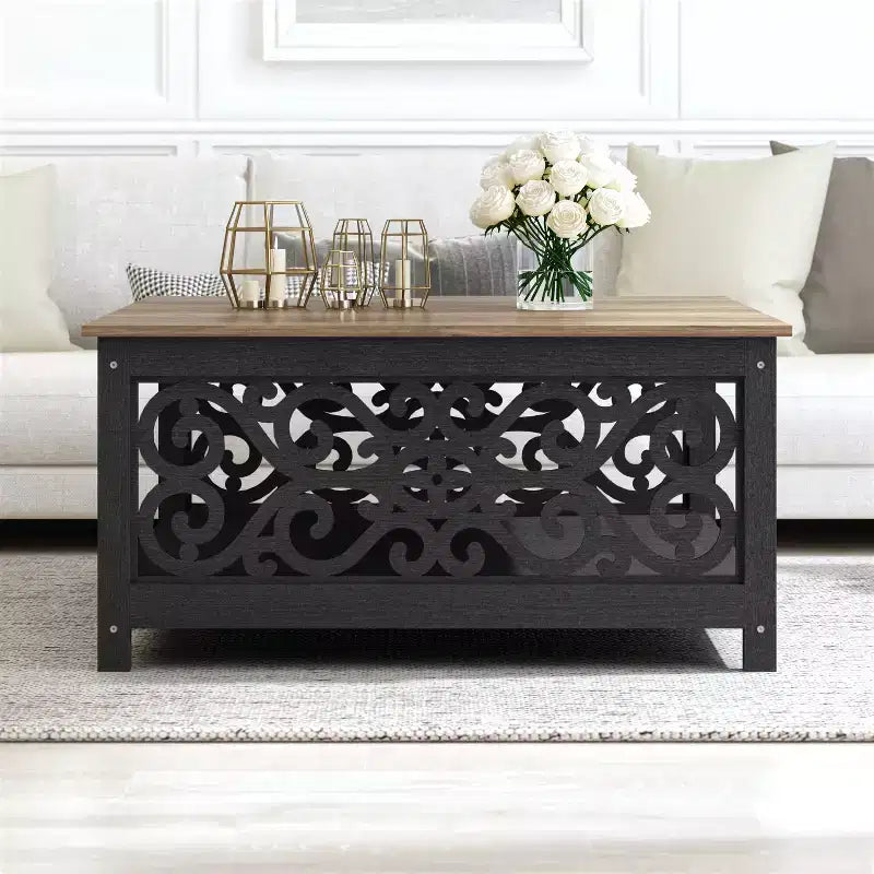 Galano Square Coffee Table with Decorative Cut-Out Panels and Lower Shelf 34.9 W x 34.9 D x 17.1 H