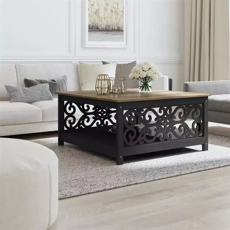 Galano Square Coffee Table with Decorative Cut-Out Panels and Lower Shelf 34.9 W x 34.9 D x 17.1 H