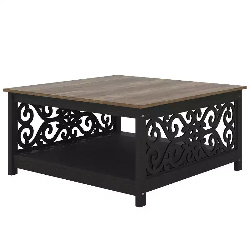 Galano Square Coffee Table with Decorative Cut-Out Panels and Lower Shelf 34.9 W x 34.9 D x 17.1 H