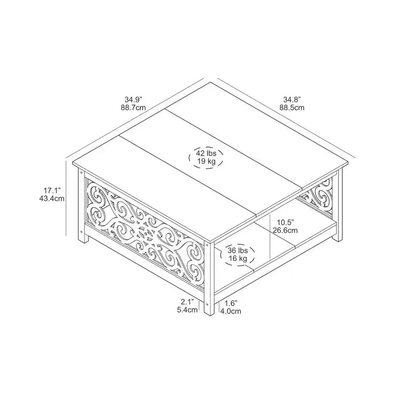 Galano Square Coffee Table with Decorative Cut-Out Panels and Lower Shelf 34.9 W x 34.9 D x 17.1 H