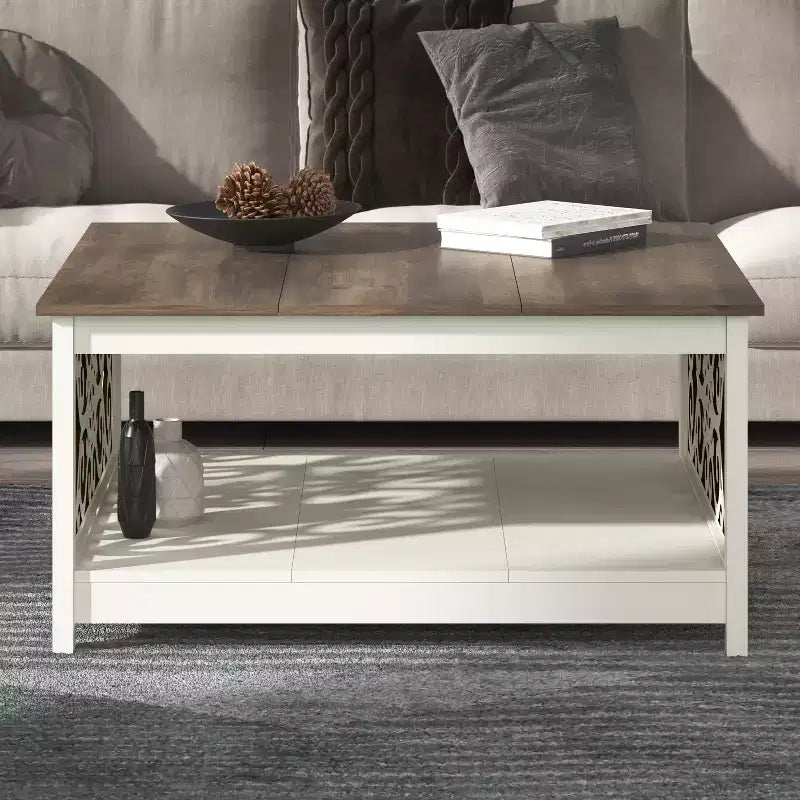 Galano Square Coffee Table with Decorative Cut-Out Panels and Lower Shelf 34.9 W x 34.9 D x 17.1 H
