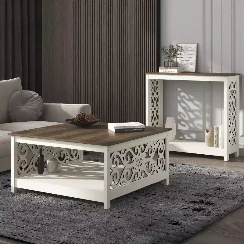 Galano Square Coffee Table with Decorative Cut-Out Panels and Lower Shelf 34.9 W x 34.9 D x 17.1 H