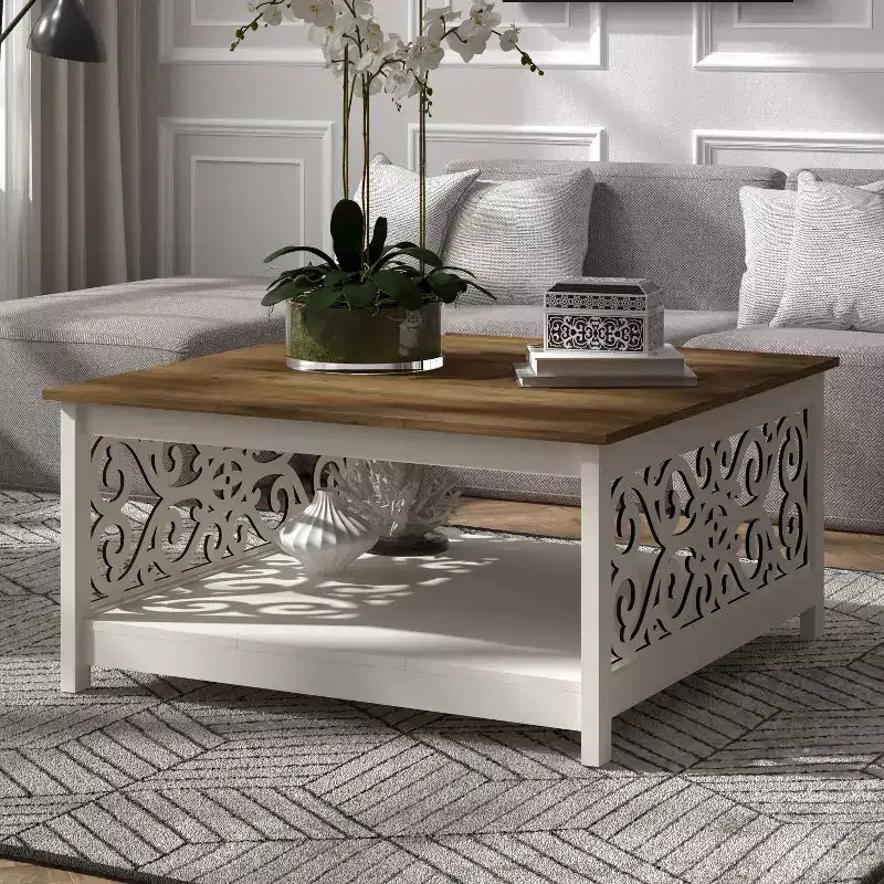Galano Square Coffee Table with Decorative Cut-Out Panels and Lower Shelf 34.9 W x 34.9 D x 17.1 H