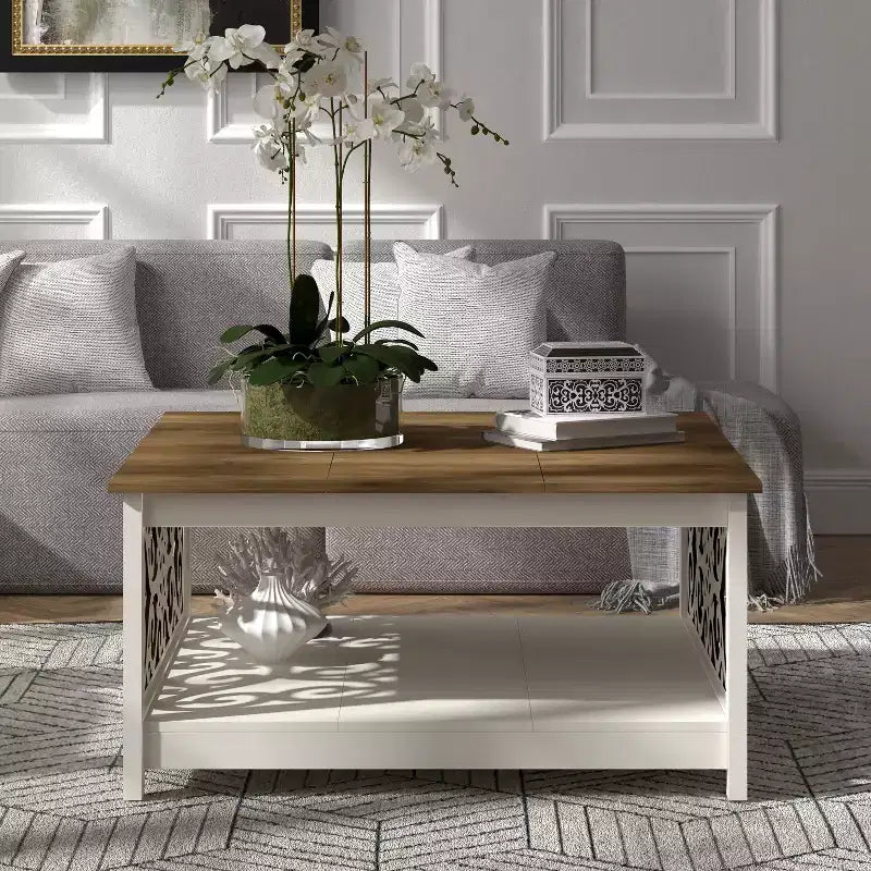 Galano Square Coffee Table with Decorative Cut-Out Panels and Lower Shelf 34.9 W x 34.9 D x 17.1 H