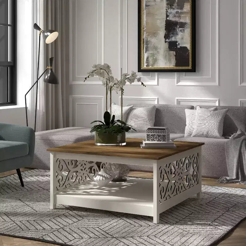 Galano Square Coffee Table with Decorative Cut-Out Panels and Lower Shelf 34.9 W x 34.9 D x 17.1 H