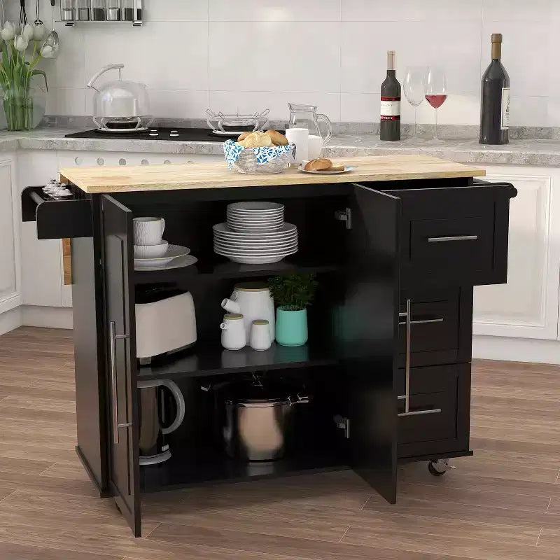 MAYEERTY Black Kitchen Island, Extensible Solid Wood Top Spice Rack Towel Rack