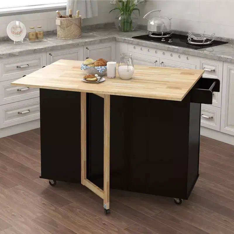 MAYEERTY Black Kitchen Island, Extensible Solid Wood Top Spice Rack Towel Rack