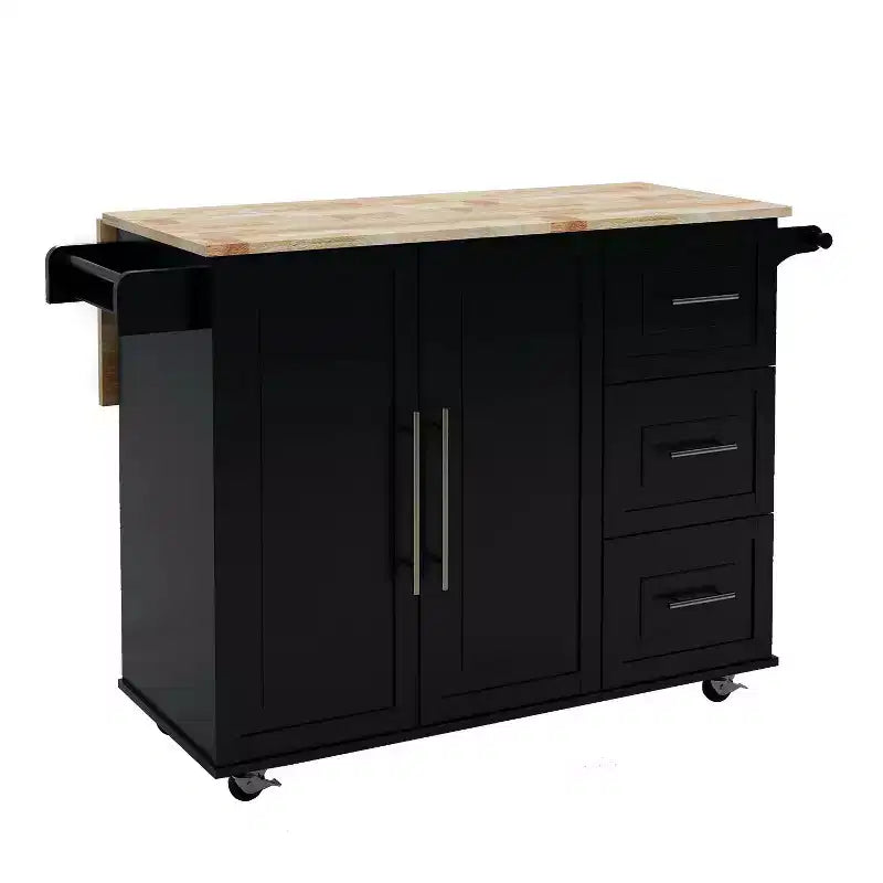 MAYEERTY Black Kitchen Island, Extensible Solid Wood Top Spice Rack Towel Rack