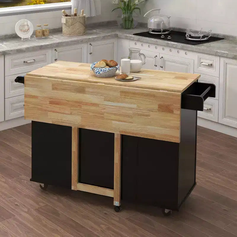 MAYEERTY Black Kitchen Island, Extensible Solid Wood Top Spice Rack Towel Rack