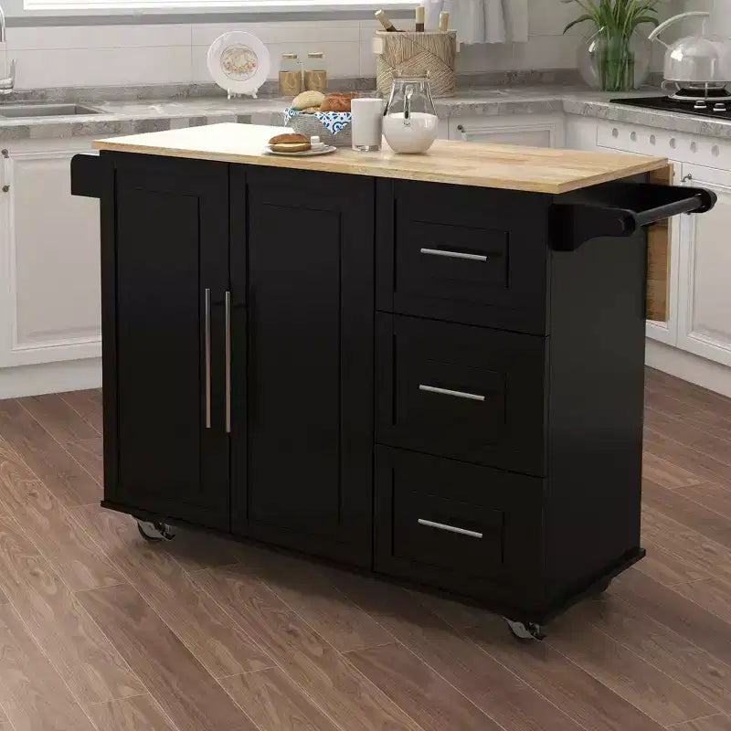MAYEERTY Black Kitchen Island, Extensible Solid Wood Top Spice Rack Towel Rack
