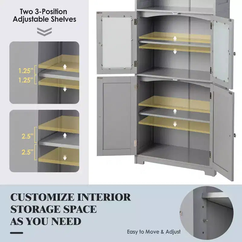 Costway Bathroom Tall Storage Cabinet Linen Tower w/ Glass Door & Adjustable Shelf