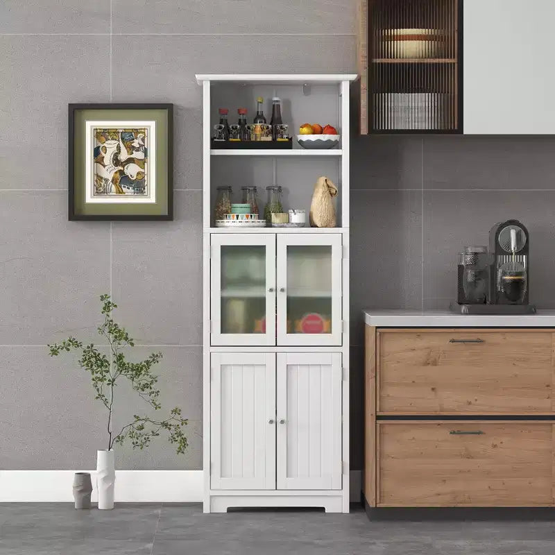 Costway Bathroom Tall Storage Cabinet Linen Tower w/ Glass Door & Adjustable Shelf