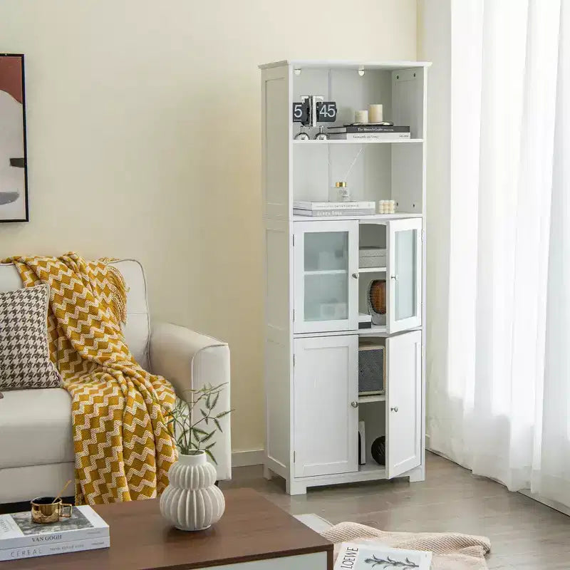 Costway Bathroom Tall Storage Cabinet Linen Tower w/ Glass Door & Adjustable Shelf