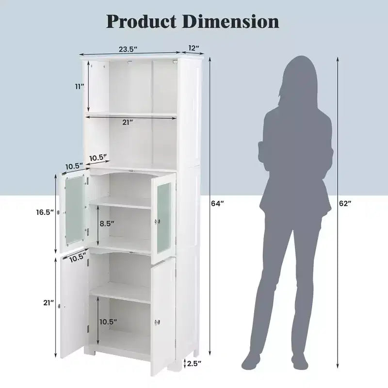 Costway Bathroom Tall Storage Cabinet Linen Tower w/ Glass Door & Adjustable Shelf