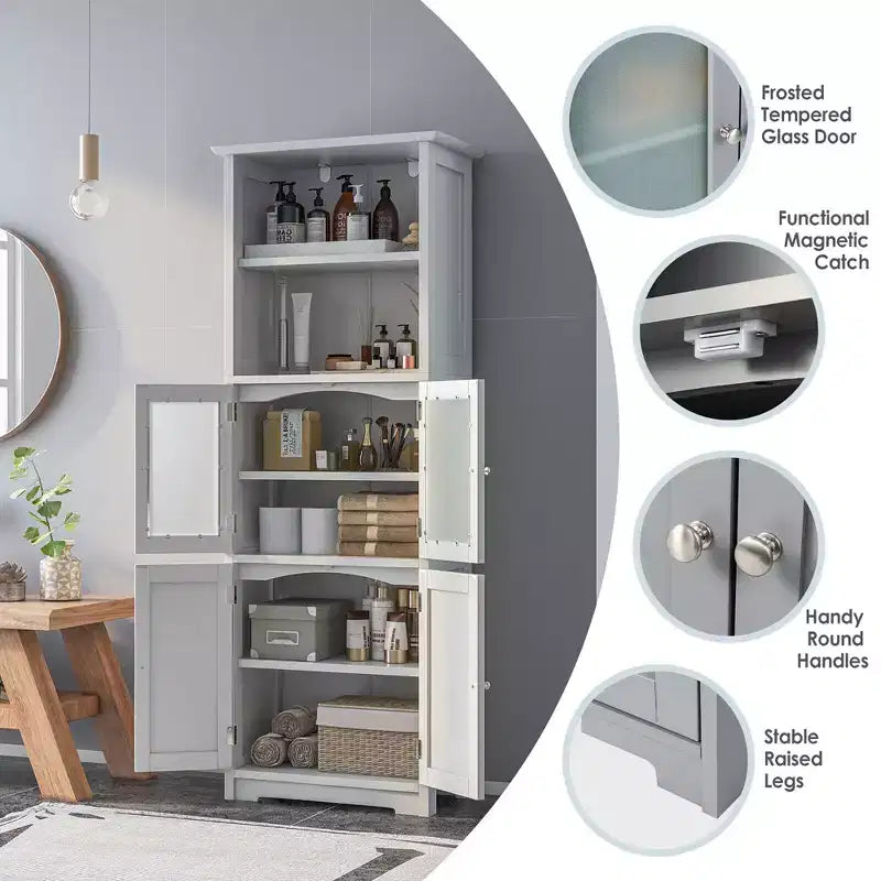Costway Bathroom Tall Storage Cabinet Linen Tower w/ Glass Door & Adjustable Shelf