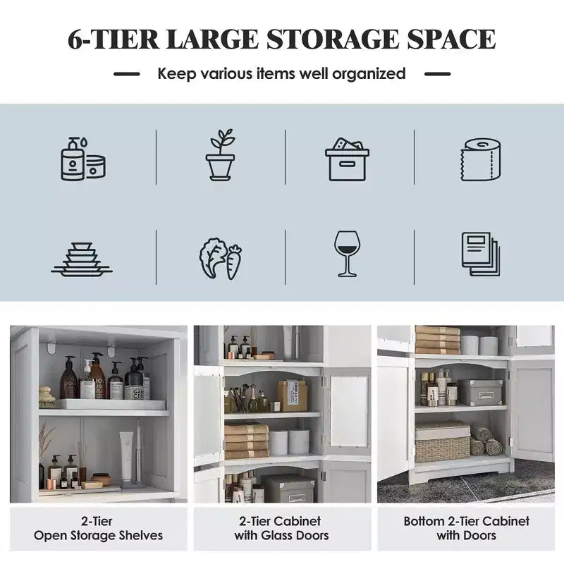 Costway Bathroom Tall Storage Cabinet Linen Tower w/ Glass Door & Adjustable Shelf