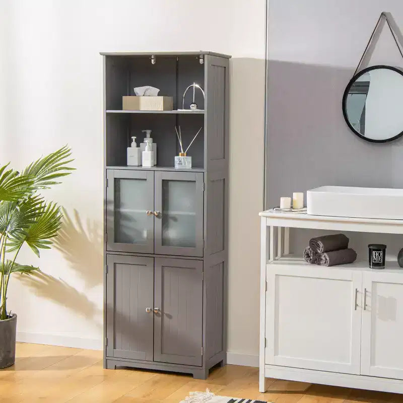 Costway Bathroom Tall Storage Cabinet Linen Tower w/ Glass Door & Adjustable Shelf