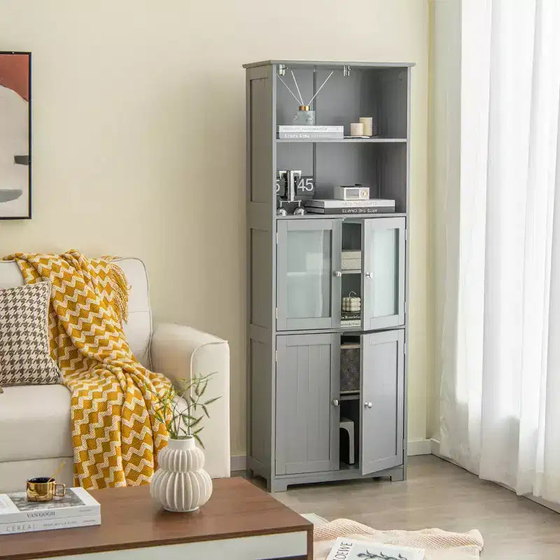 Costway Bathroom Tall Storage Cabinet Linen Tower w/ Glass Door & Adjustable Shelf