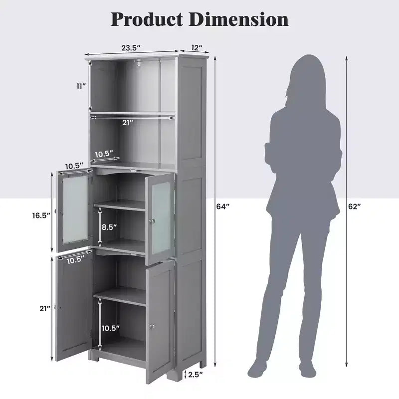Costway Bathroom Tall Storage Cabinet Linen Tower w/ Glass Door & Adjustable Shelf