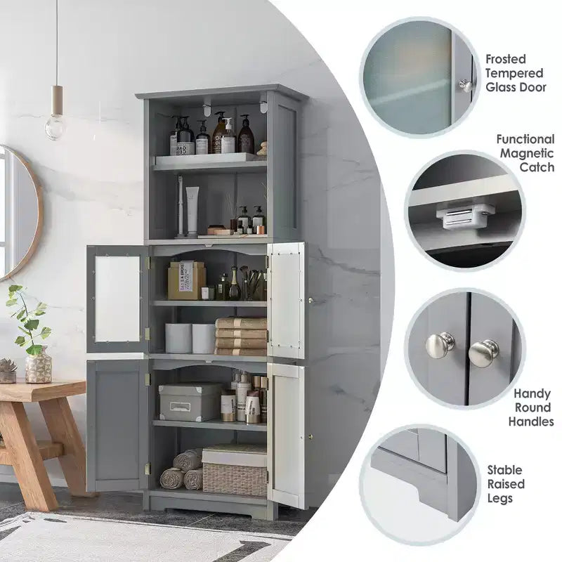 Costway Bathroom Tall Storage Cabinet Linen Tower w/ Glass Door & Adjustable Shelf