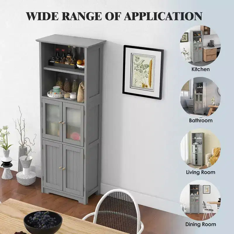 Costway Bathroom Tall Storage Cabinet Linen Tower w/ Glass Door & Adjustable Shelf