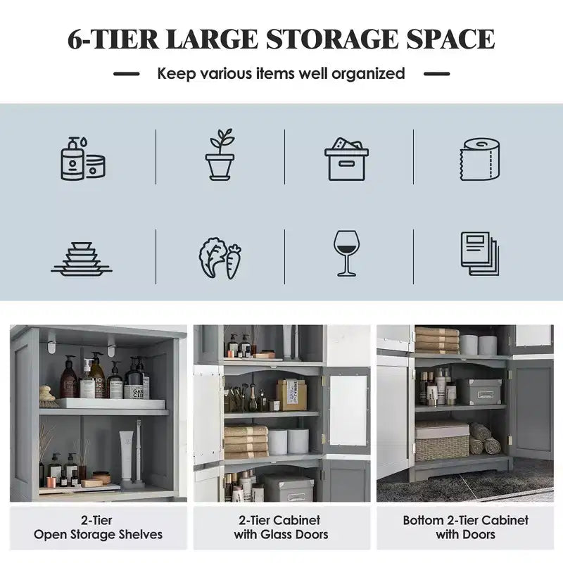 Costway Bathroom Tall Storage Cabinet Linen Tower w/ Glass Door & Adjustable Shelf