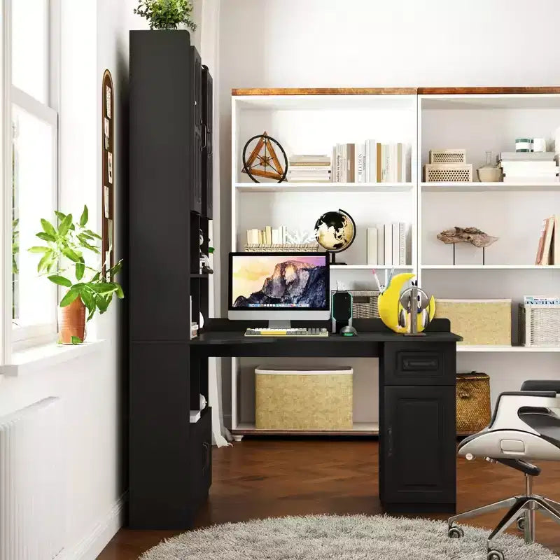 L Shaped Computer Desk With Hutch, Office Corner Desk with Drawer & Bookshelf, Study Table Writing Desk, Gaming Computer Desk for Study Room Black