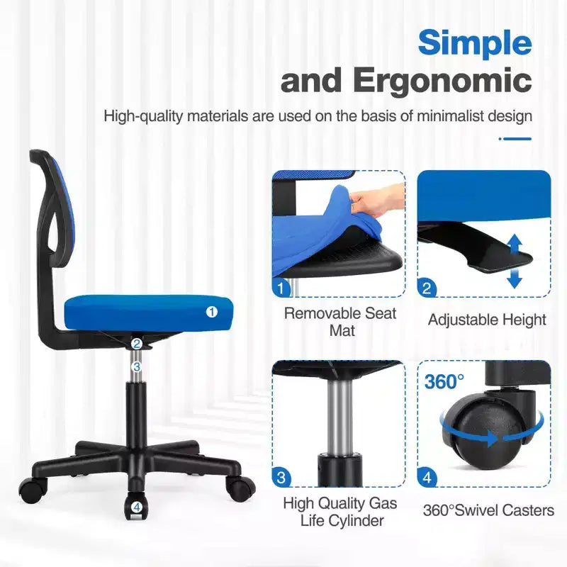 Chaise de bureau pivotante à roulettes en résille, avec hauteur réglable et support lombaire, chaise de jeu à dossier bas pour le bureau