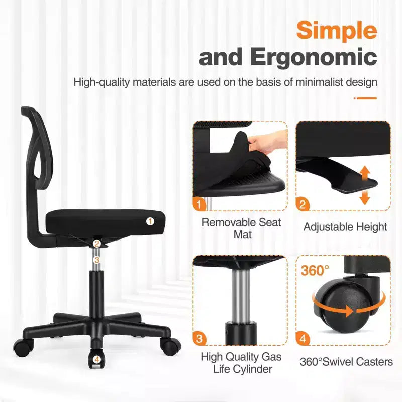 Chaise de bureau pivotante à roulettes en résille, avec hauteur réglable et support lombaire, chaise de jeu à dossier bas pour le bureau