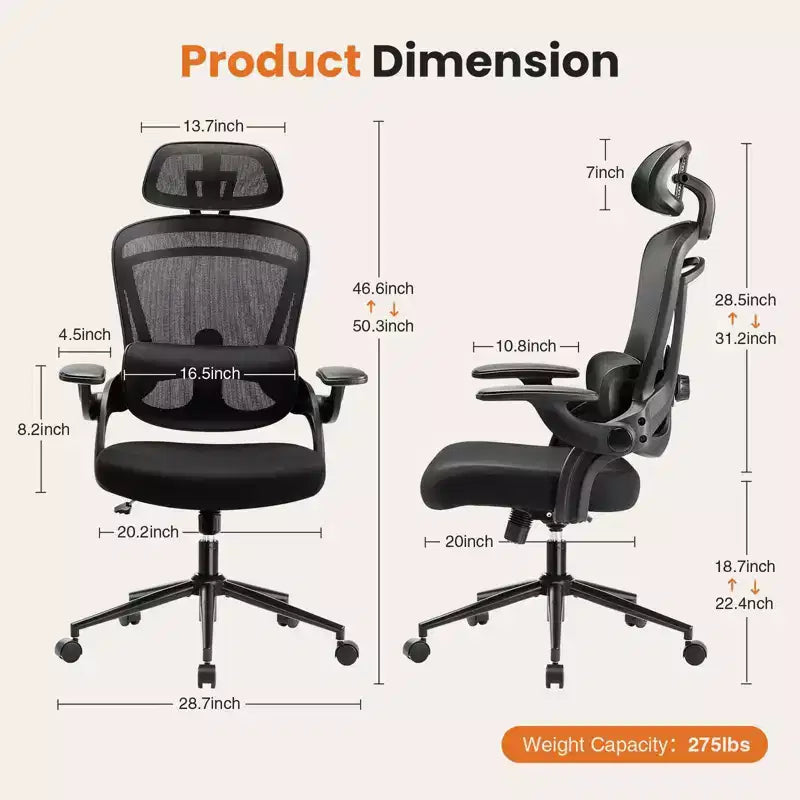 Chaise de bureau à roulettes en maille, avec soutien lombaire et appui-tête réglables, chaise de jeu avec accoudoirs relevables souples pour le bureau