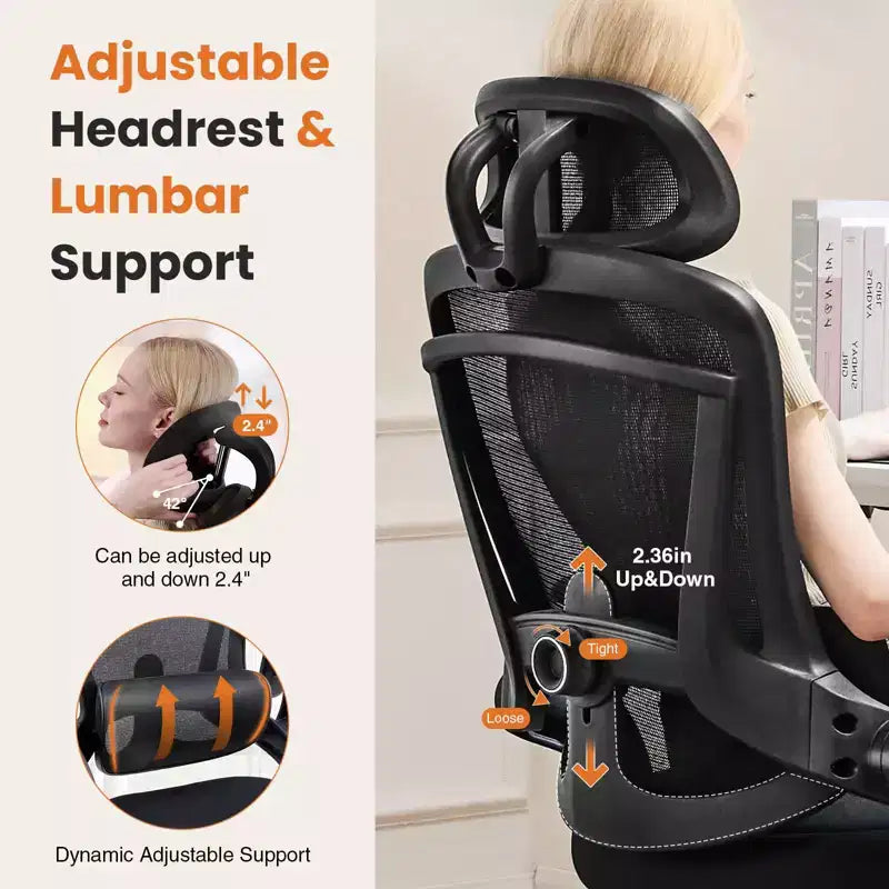 Chaise de bureau à roulettes en maille, avec soutien lombaire et appui-tête réglables, chaise de jeu avec accoudoirs relevables souples pour le bureau