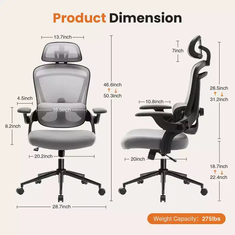 Chaise de bureau à roulettes en maille, avec soutien lombaire et appui-tête réglables, chaise de jeu avec accoudoirs relevables souples pour le bureau