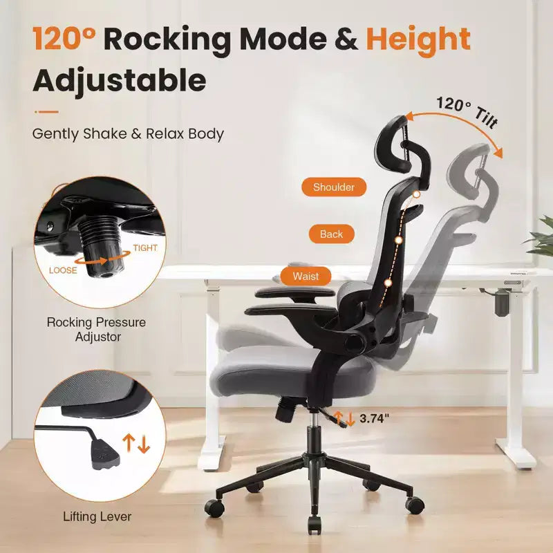 Chaise de bureau à roulettes en maille, avec soutien lombaire et appui-tête réglables, chaise de jeu avec accoudoirs relevables souples pour le bureau