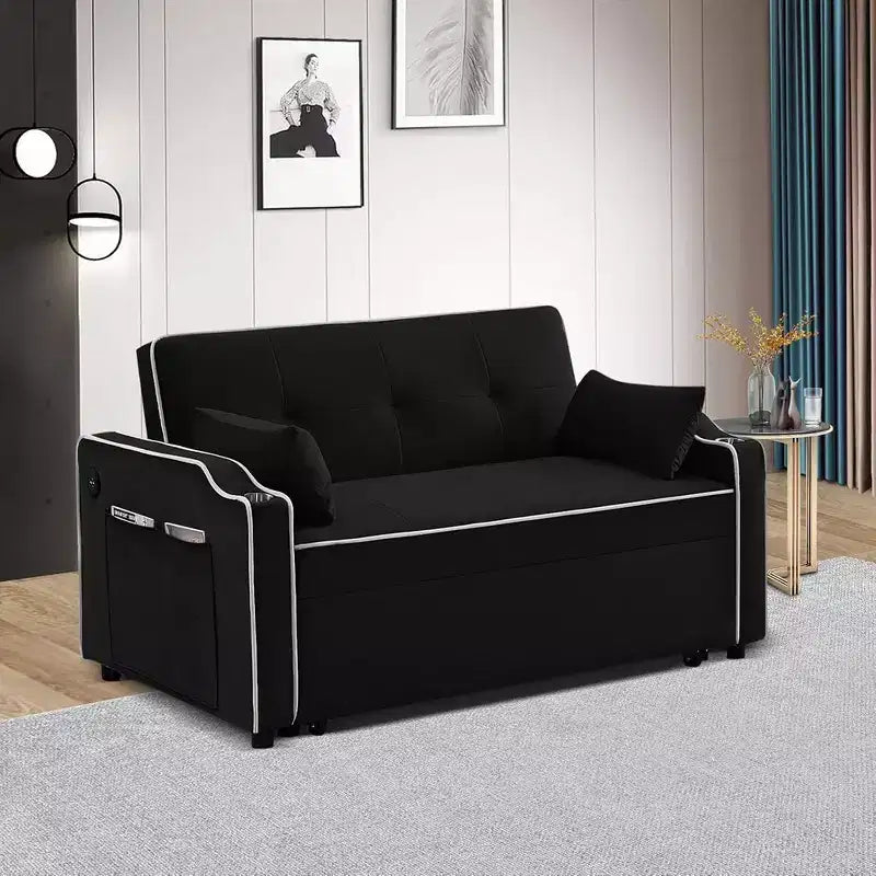 3-in-1 Velvet Sleeper Sofa Couch with Pullout Bed, Sofa Beds with USB Port, Side Pocket, Cupholder, Adjustable Backrest and Pillows Black