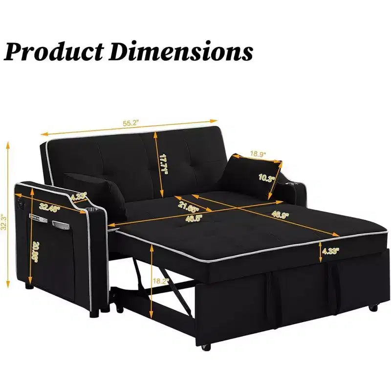 Canapé-lit 3-en-1 en velours avec lit gigogne, canapé-lit avec port USB, pochette latérale, porte-gobelet, dossier réglable et oreillers noirs