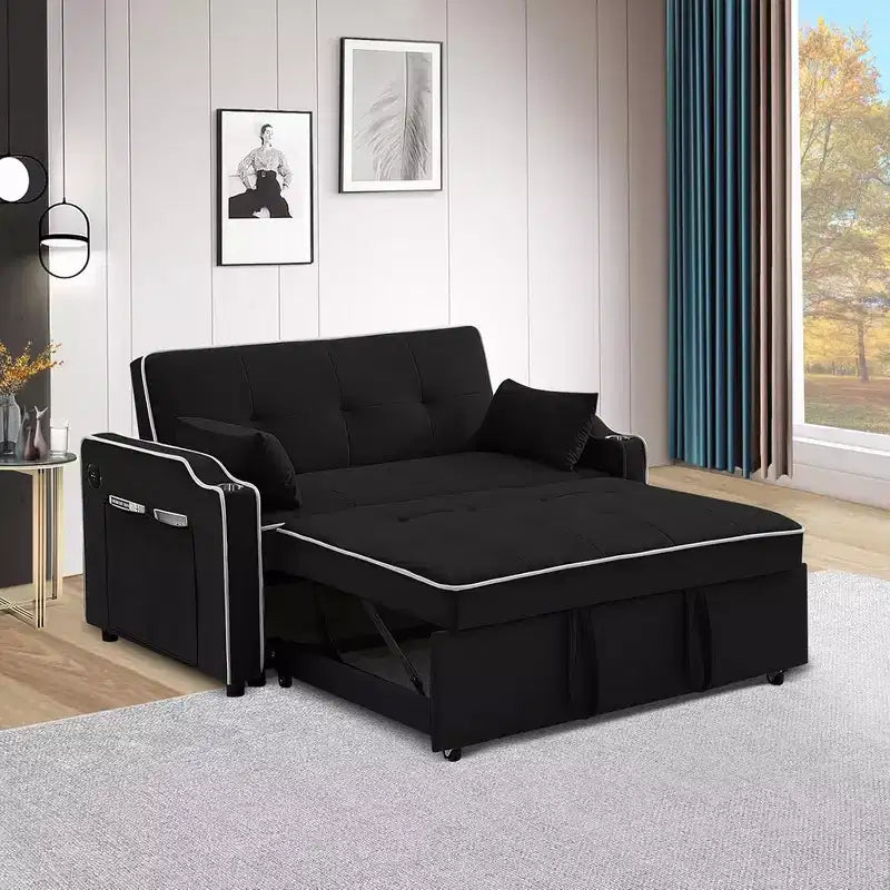 Canapé-lit 3-en-1 en velours avec lit gigogne, canapé-lit avec port USB, pochette latérale, porte-gobelet, dossier réglable et oreillers noirs