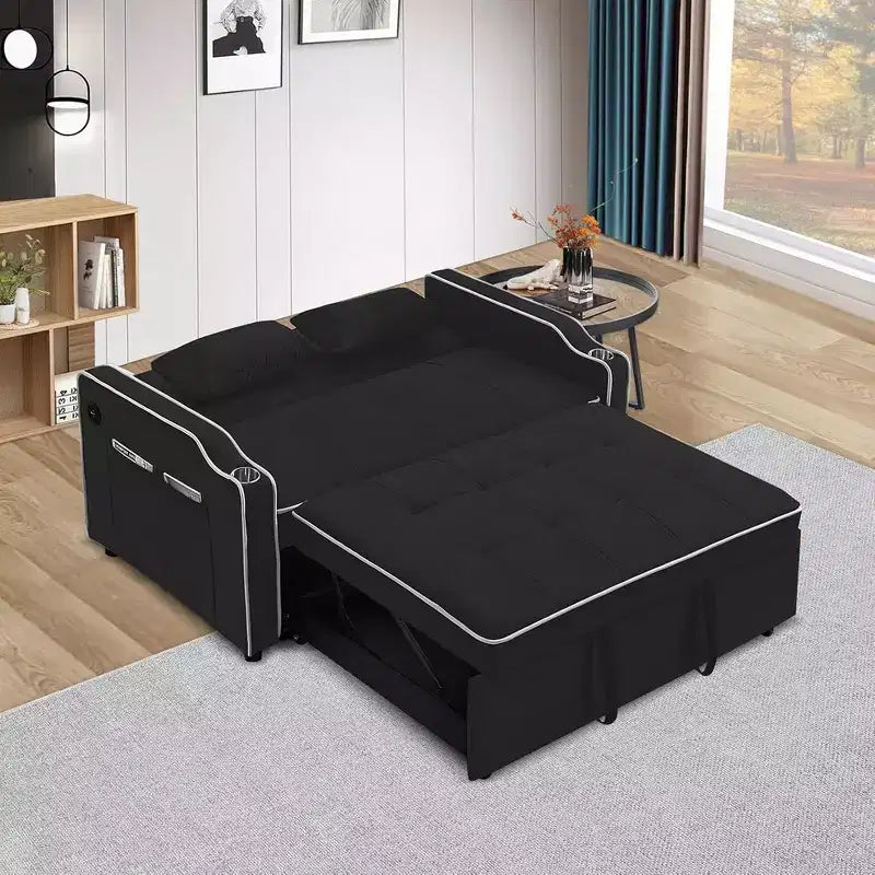 Canapé-lit 3-en-1 en velours avec lit gigogne, canapé-lit avec port USB, pochette latérale, porte-gobelet, dossier réglable et oreillers noirs