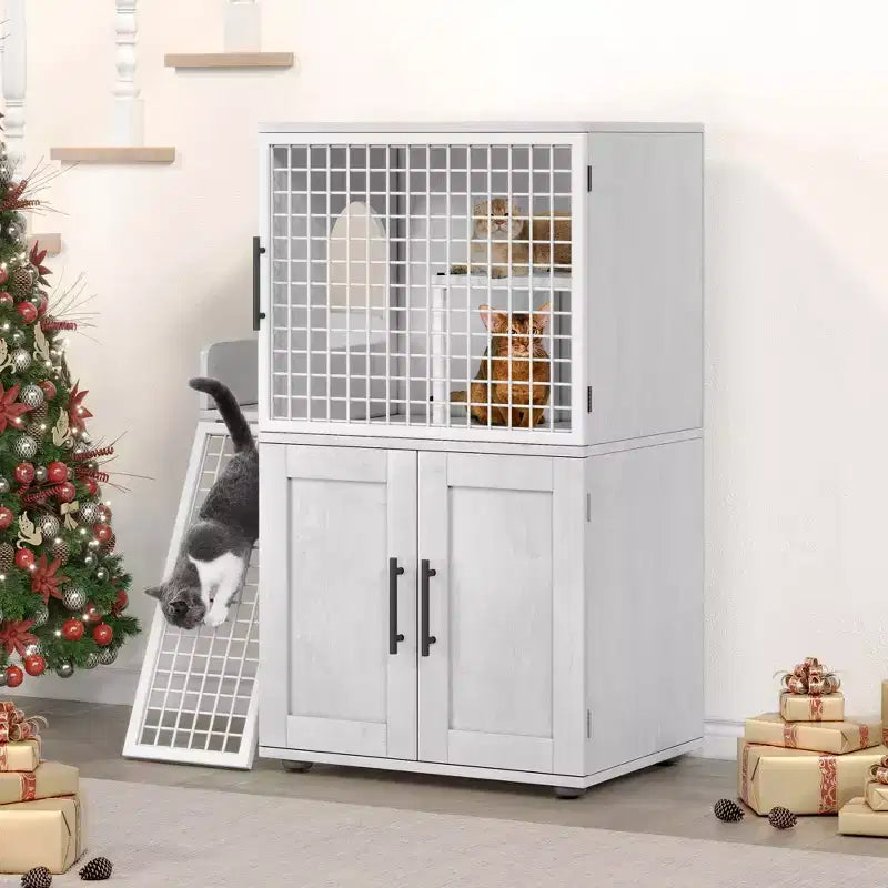 Cat Litter Box Furniture, Hidden Litter Box Enclosure 41.9'' - Double Layer Modern Cat House with Platform Ladder Indoor Washroom Villa Cabinet