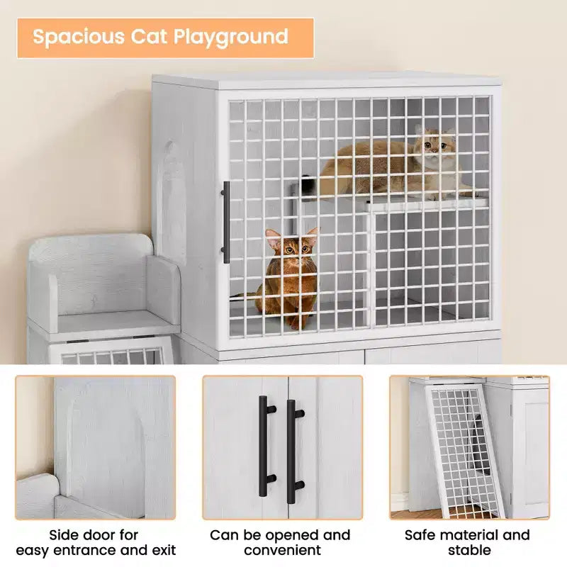 Cat Litter Box Furniture, Hidden Litter Box Enclosure 41.9'' - Double Layer Modern Cat House with Platform Ladder Indoor Washroom Villa Cabinet