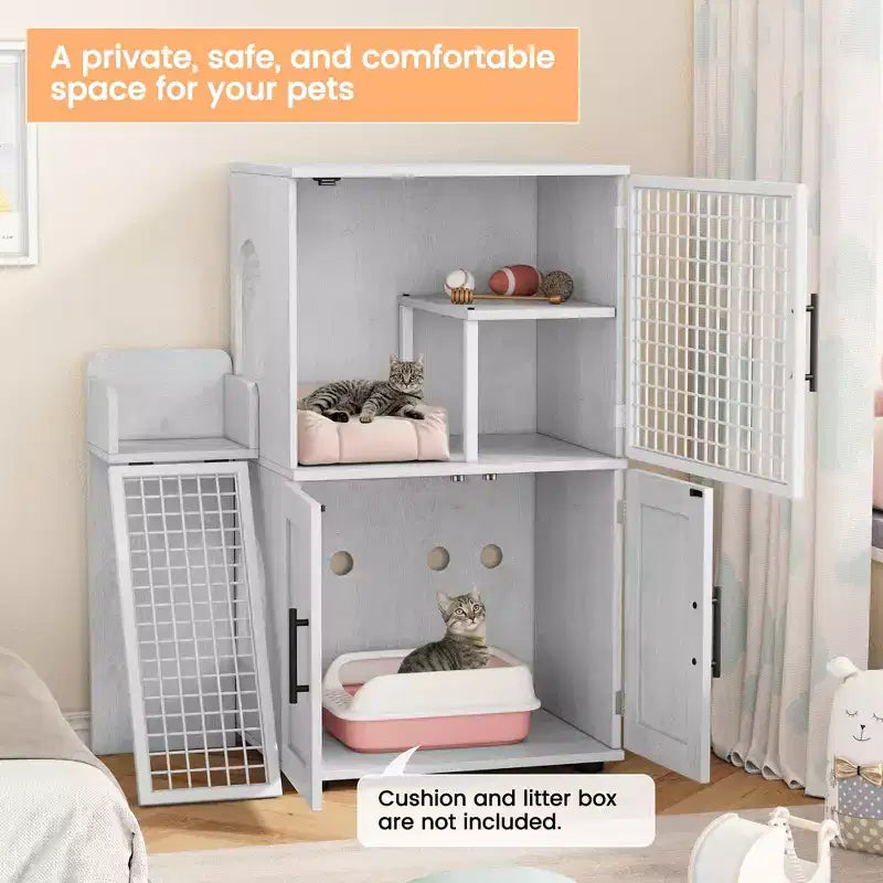 Cat Litter Box Furniture, Hidden Litter Box Enclosure 41.9'' - Double Layer Modern Cat House with Platform Ladder Indoor Washroom Villa Cabinet