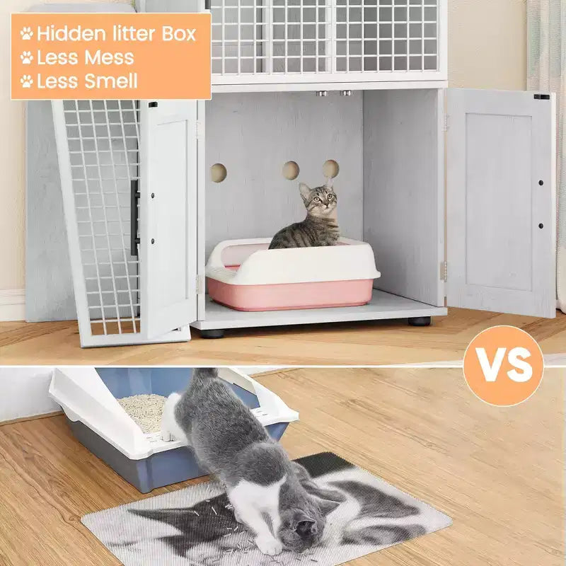 Cat Litter Box Furniture, Hidden Litter Box Enclosure 41.9'' - Double Layer Modern Cat House with Platform Ladder Indoor Washroom Villa Cabinet