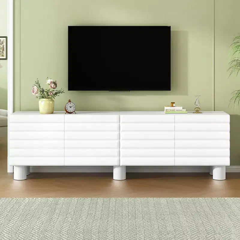 Meuble TV moderne avec rangement pour TV 75 pouces, console média solide avec étagères réglables, meuble TV avec porte ondulée