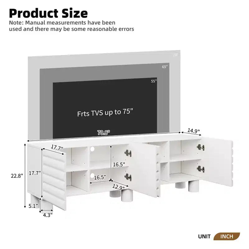 Meuble TV moderne avec rangement pour TV 75 pouces, console média solide avec étagères réglables, meuble TV avec porte ondulée