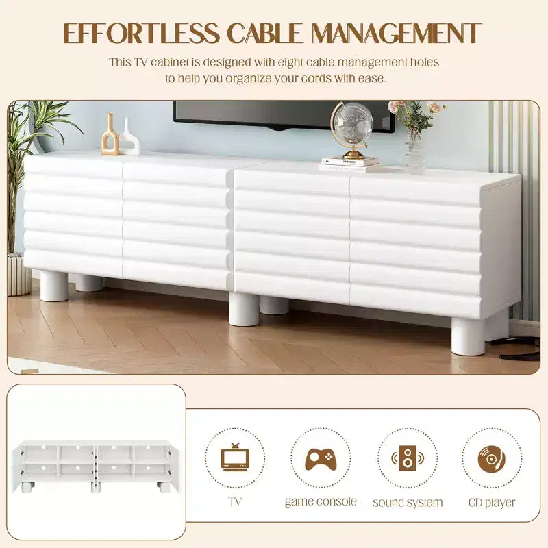 Meuble TV moderne avec rangement pour TV 75 pouces, console média solide avec étagères réglables, meuble TV avec porte ondulée
