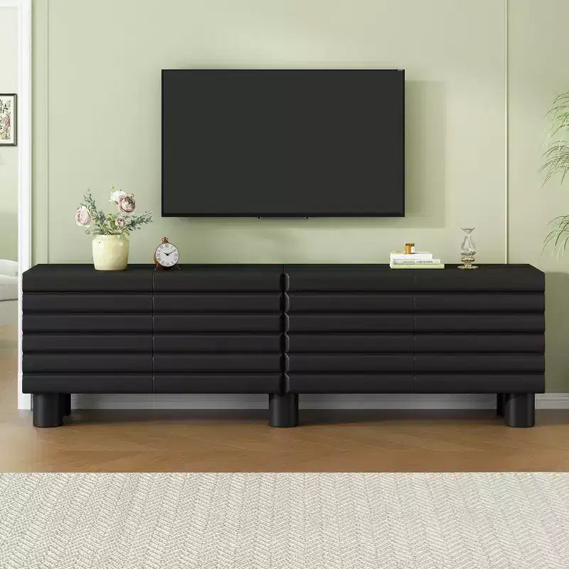 Meuble TV moderne avec rangement pour TV 75 pouces, console média solide avec étagères réglables, meuble TV avec porte ondulée